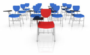 red & blue desks